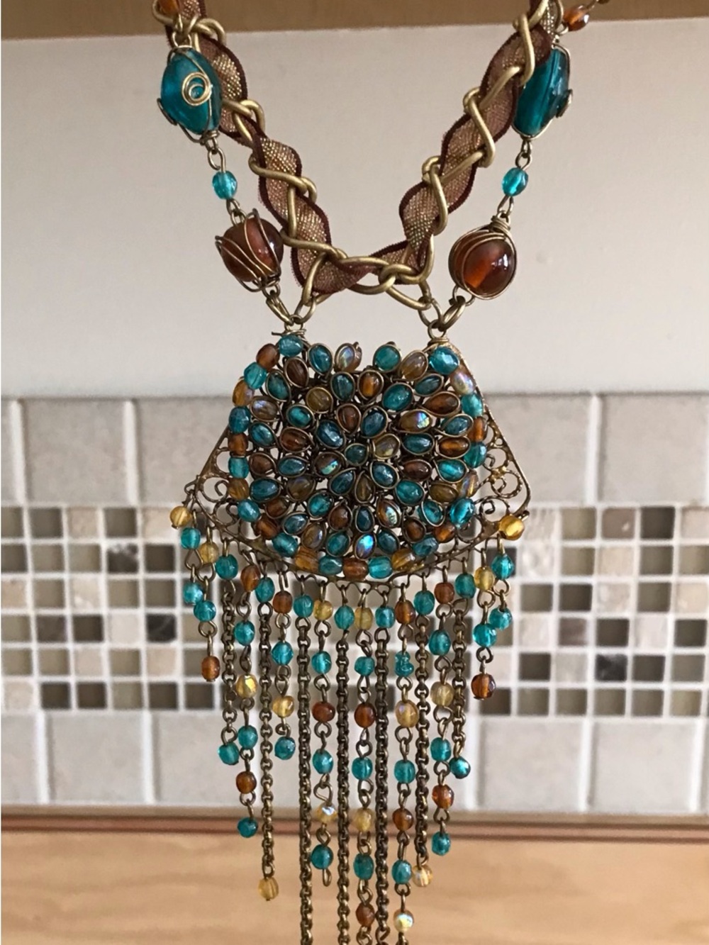 Turquoise and Amber unique glass artisan Beaded hanging Fringe Necklace